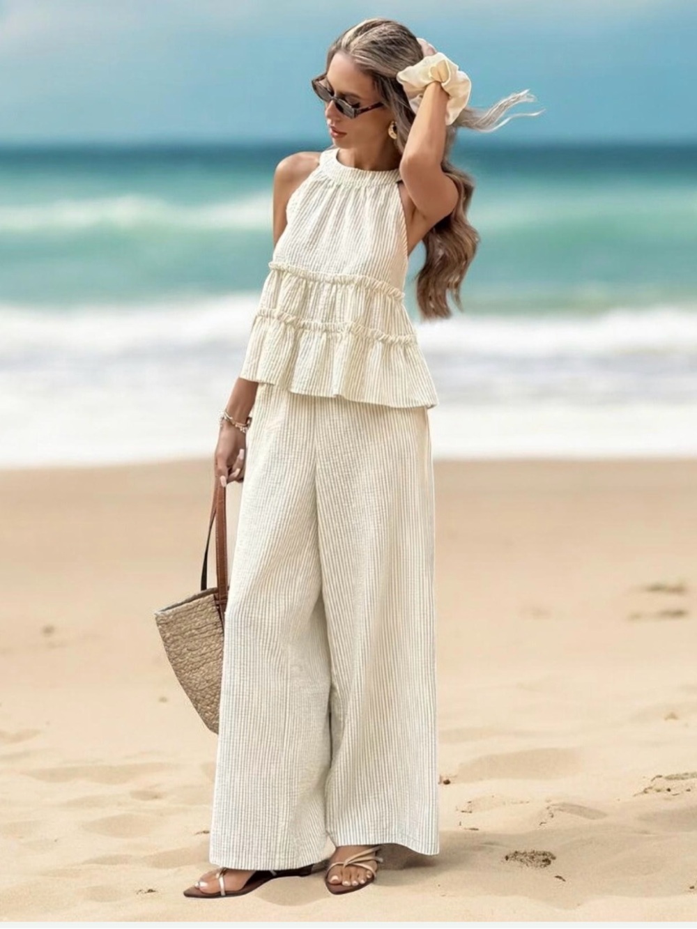 Amazon Essentials Cream Wide-Leg Jumpsuit Set